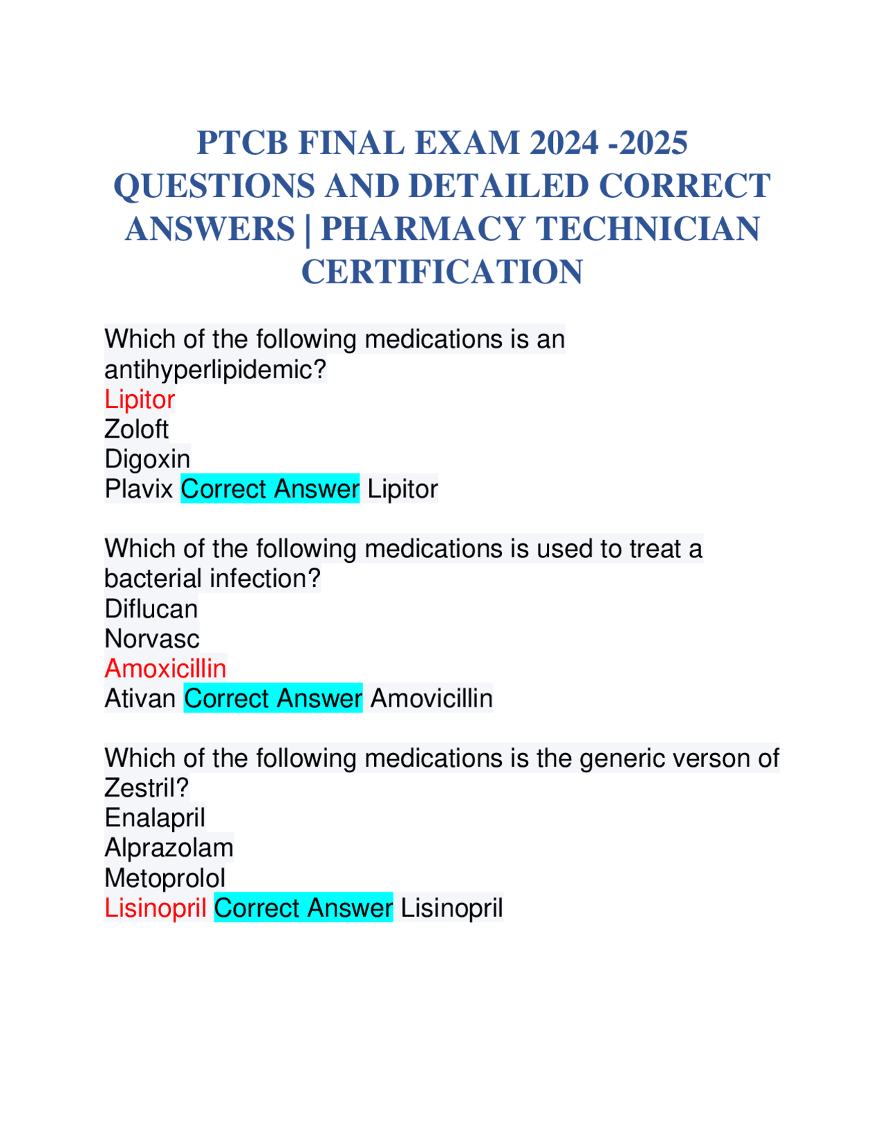 PTCB FINAL EXAM 2024 2025 QUESTIONS AND DETAILED CORRECT ANSWERS 