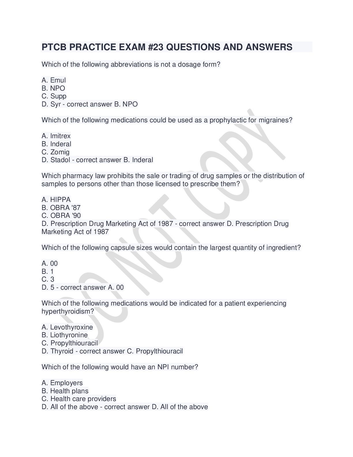 PTCB PRACTICE EXAM 23 QUESTIONS AND ANSWERS DocMerit