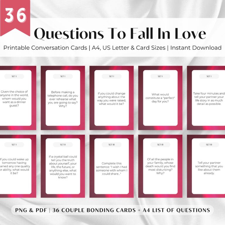 Questions To Fall In Love Printable Cards Couple GIFT Idea 