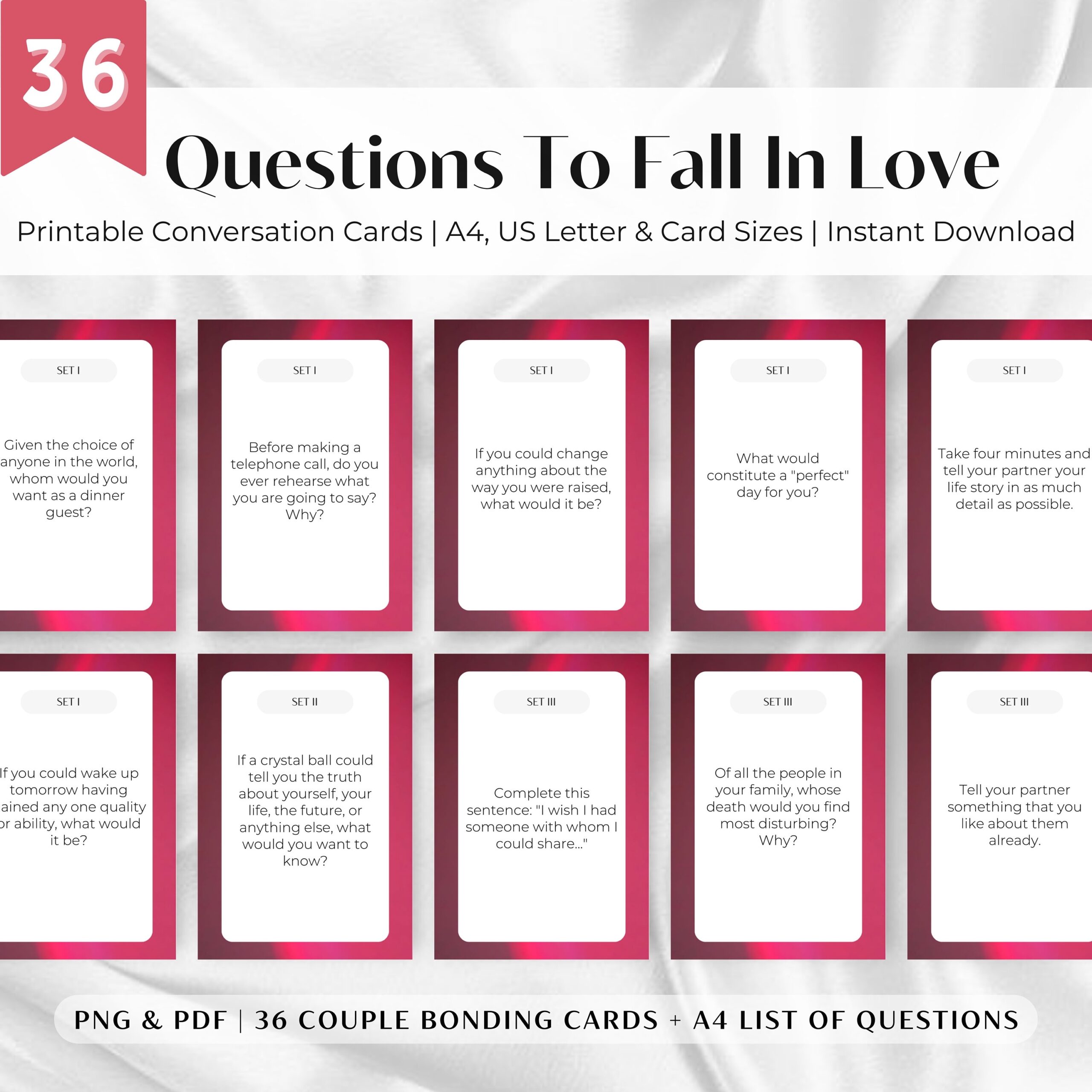 Questions To Fall In Love Printable Cards Couple GIFT Idea 
