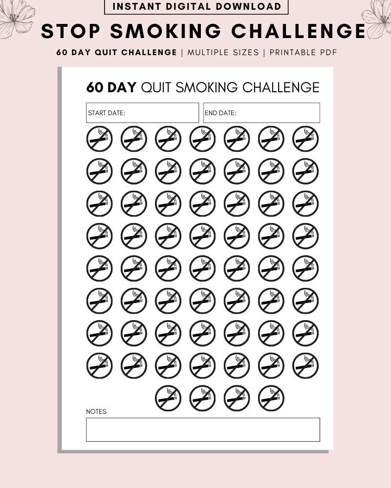 Quit Smoking Printable Challenge Stop Smoking Tracker 60 Day 