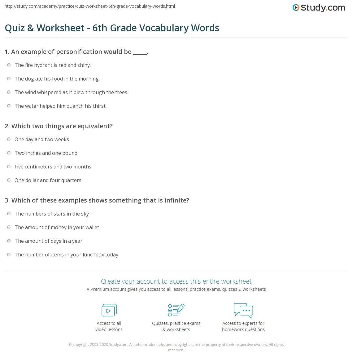 Quiz U0026 Worksheet 6th Grade Vocabulary Words Study