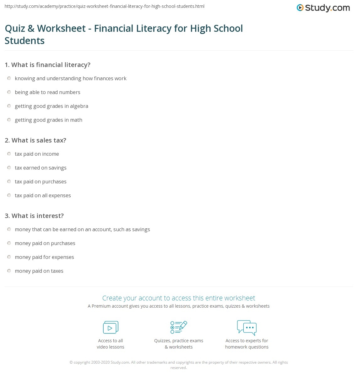 Quiz U0026 Worksheet Financial Literacy For High School Students 