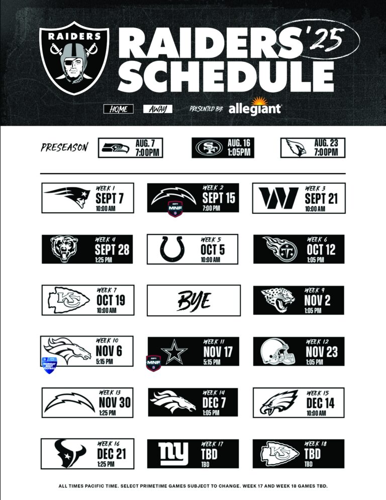 Raiders 2025 Schedule Las Vegas Raiders Raiders