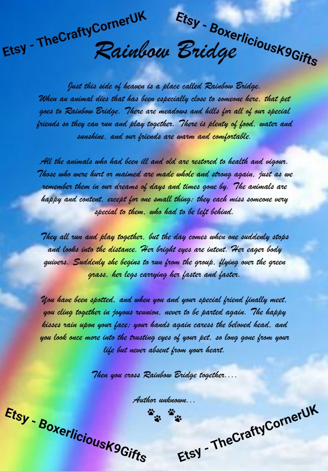 Rainbow Bridge Poem With Colorful Paw Print By Sharon Cummings Greeting Card Worksheets Library