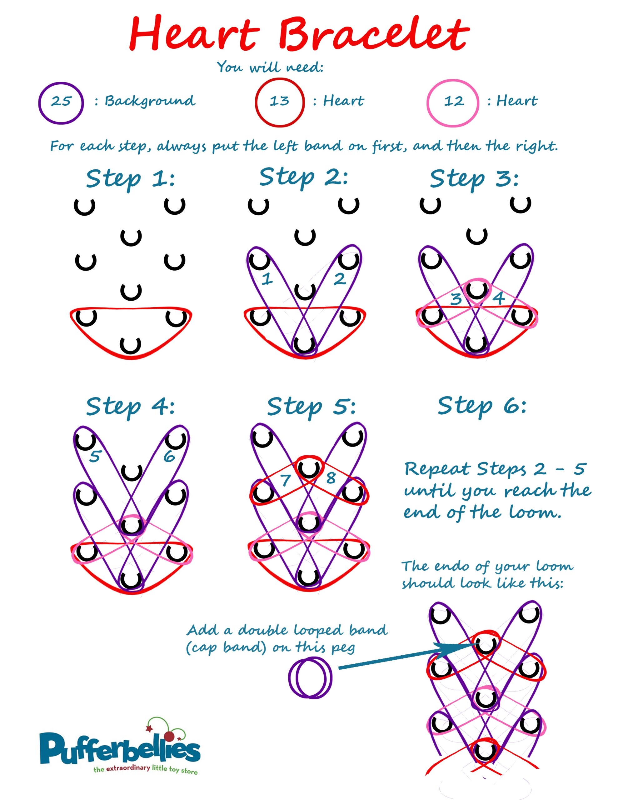 Rainbow Loom Heart Bracelet Written Instructions Pufferbellies Toys U0026 Books