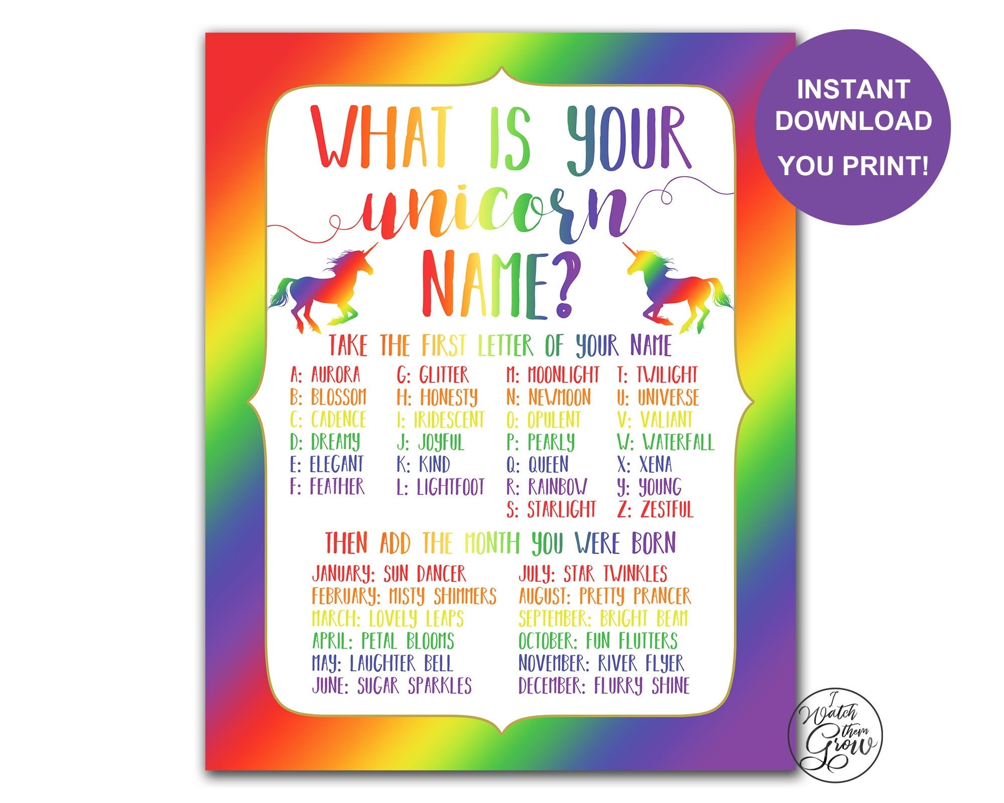 Rainbow Unicorn Name Game Printable 
