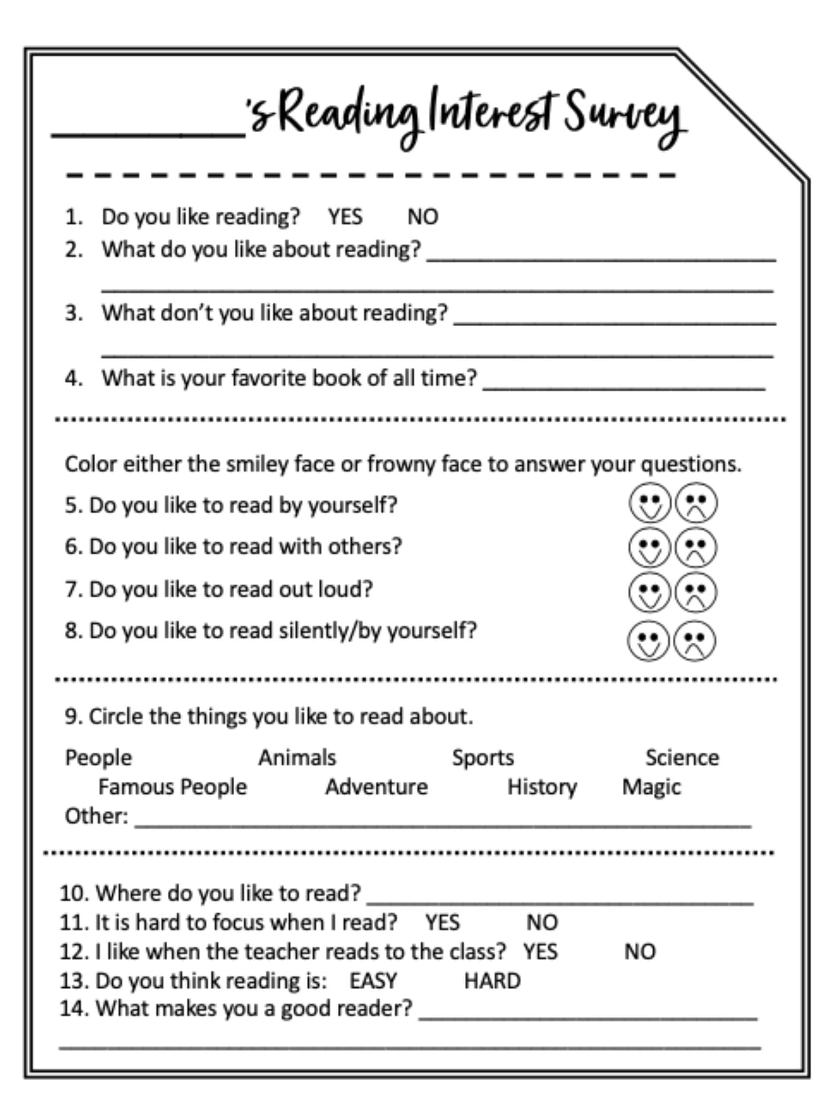 Reading Interest Survey Etsy