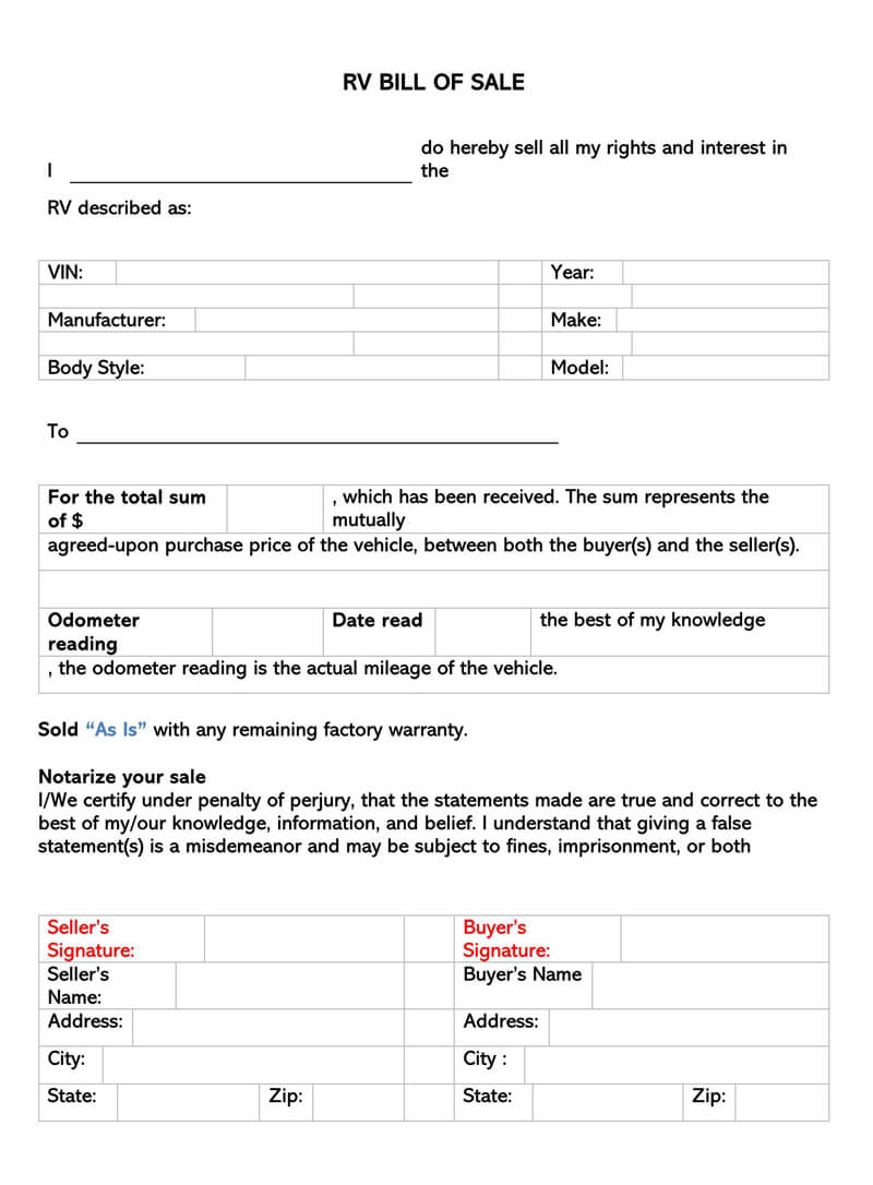 Recreational Vehicle RV Bill Of Sale Forms Word PDF