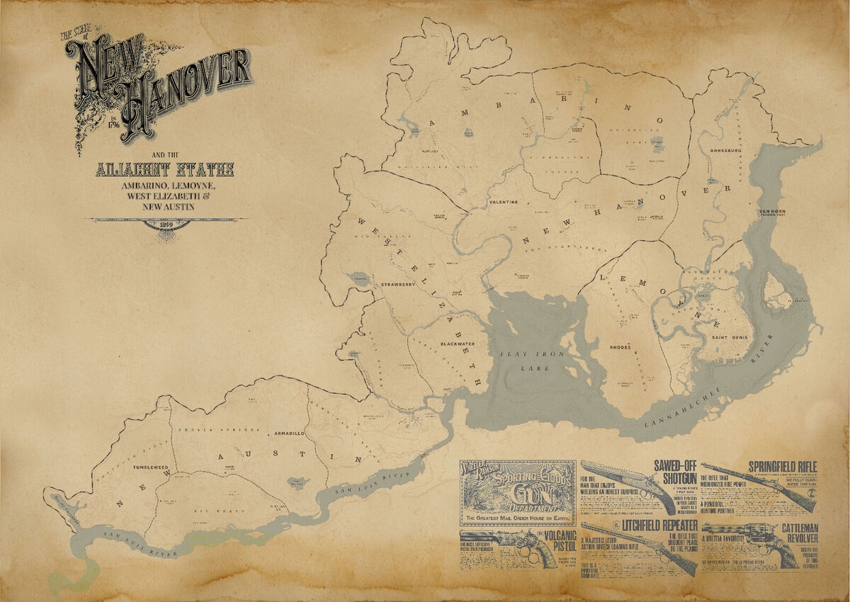 Red Dead Redemption 2 5 States Map High Quality A3 A2 A1 Prints 