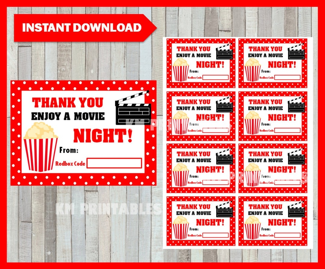 Redbox Gift Card Instant Download Printable Teacher Appreciation Gift Cards Printable Redbox Enjoy A Movie Night Cards CODE NOT Included Etsy