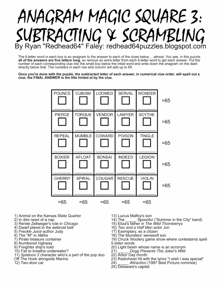 Redhead64 s Obscure Puzzle Blog PUZZLE 166 Anagram Magic Square 3 Subtracting U0026 Scrambling