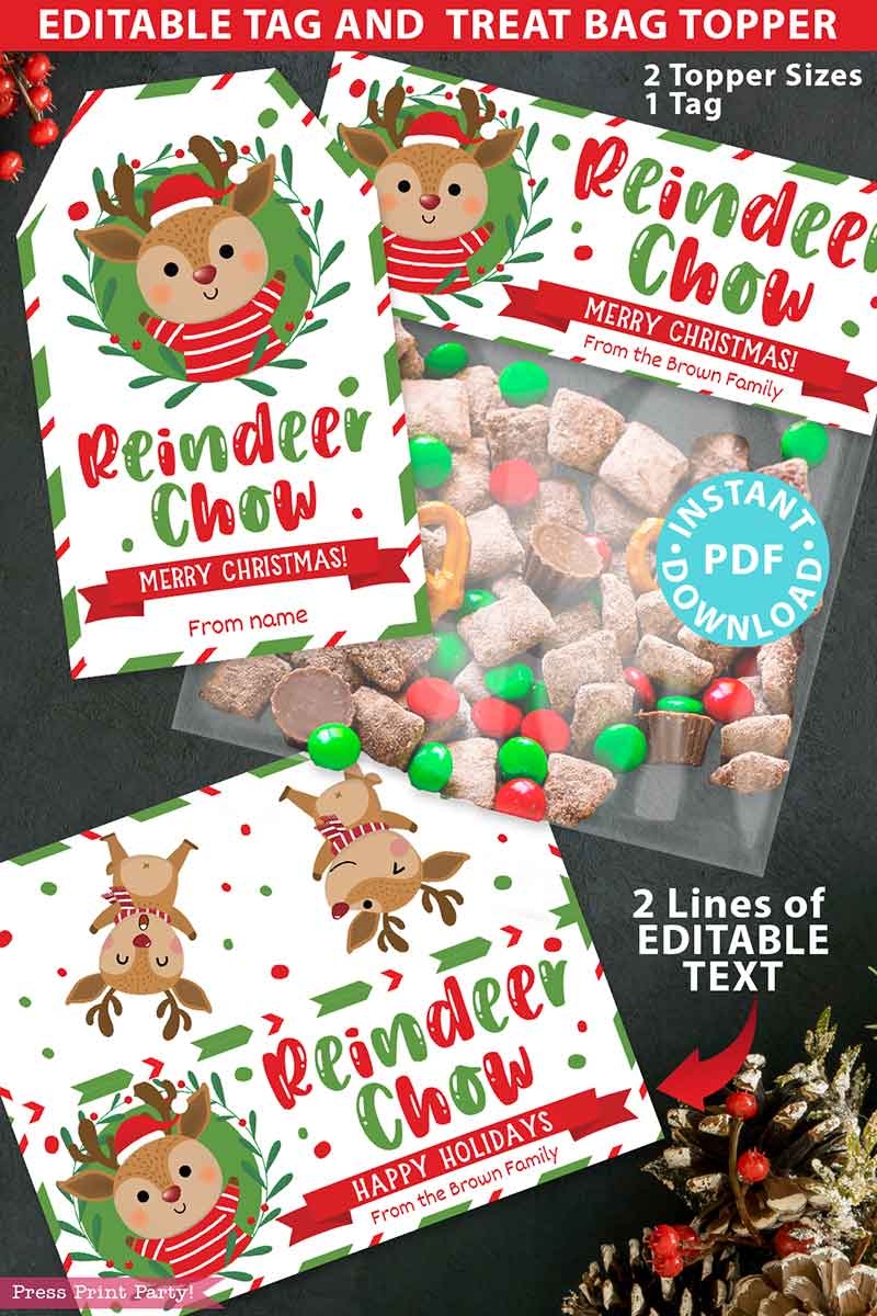 Reindeer Chow Christmas Treat Bag Toppers And Tag Press Print Party 