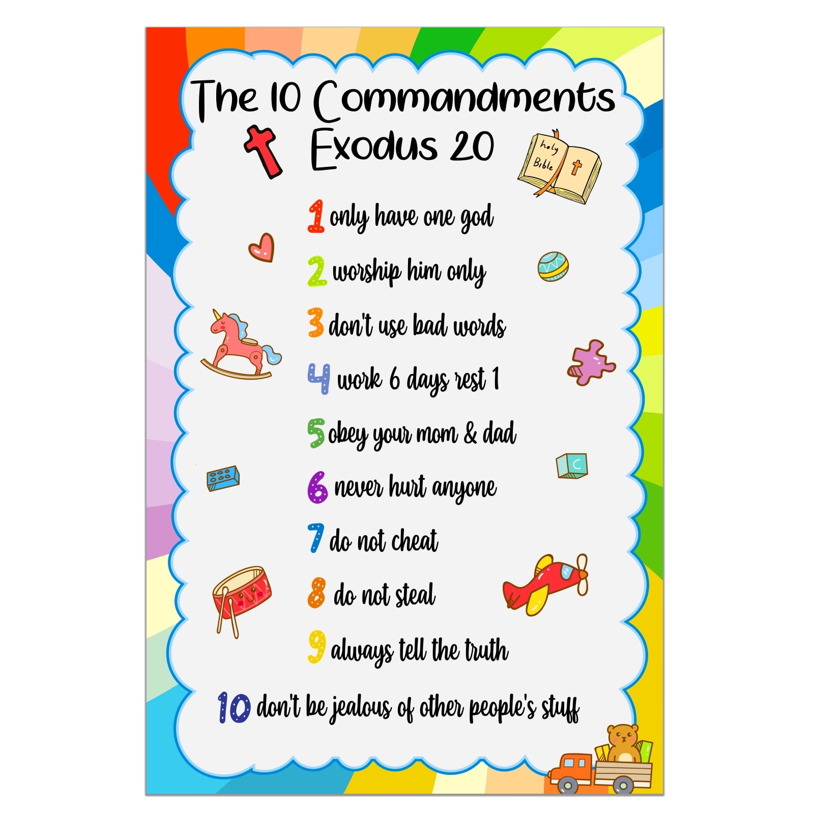 Religious Ten Commandments Poster For Kids Room Decor And Sunday Classroom 12x17 5 Inches