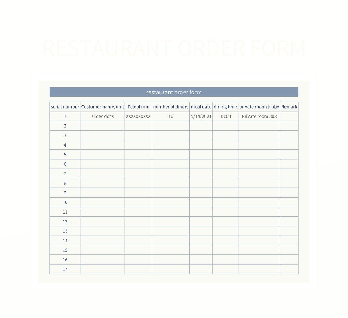 Restaurant Order Form Excel Template And Google Sheets File For Free Download Slidesdocs