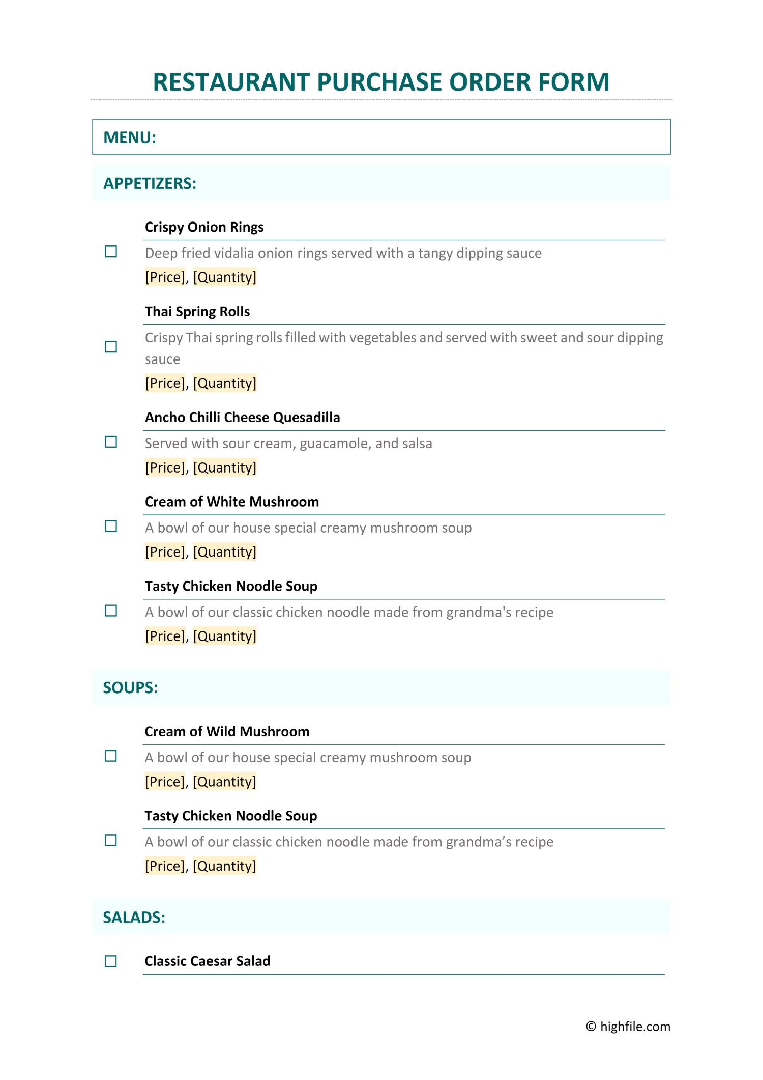 restaurant order form printable