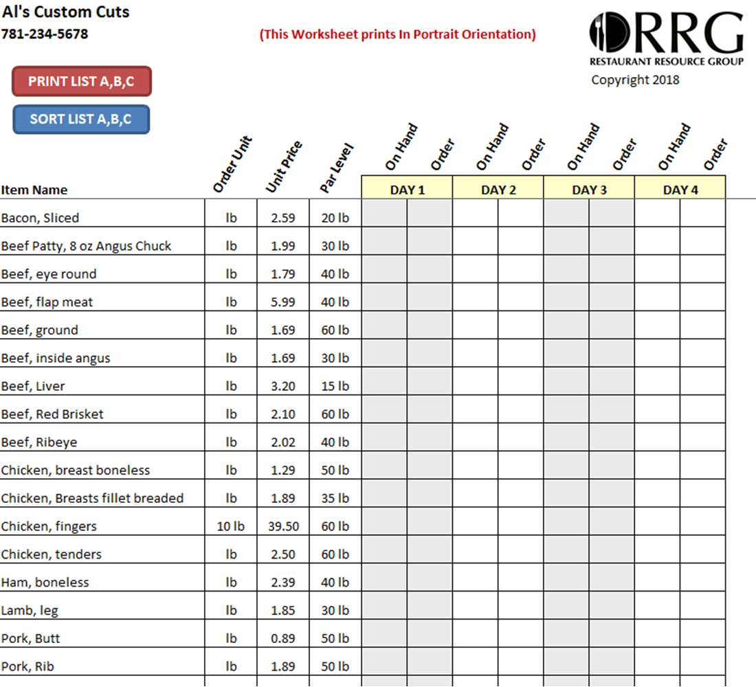 Restaurant Vendor Order Guide Workbook Spreadsheet