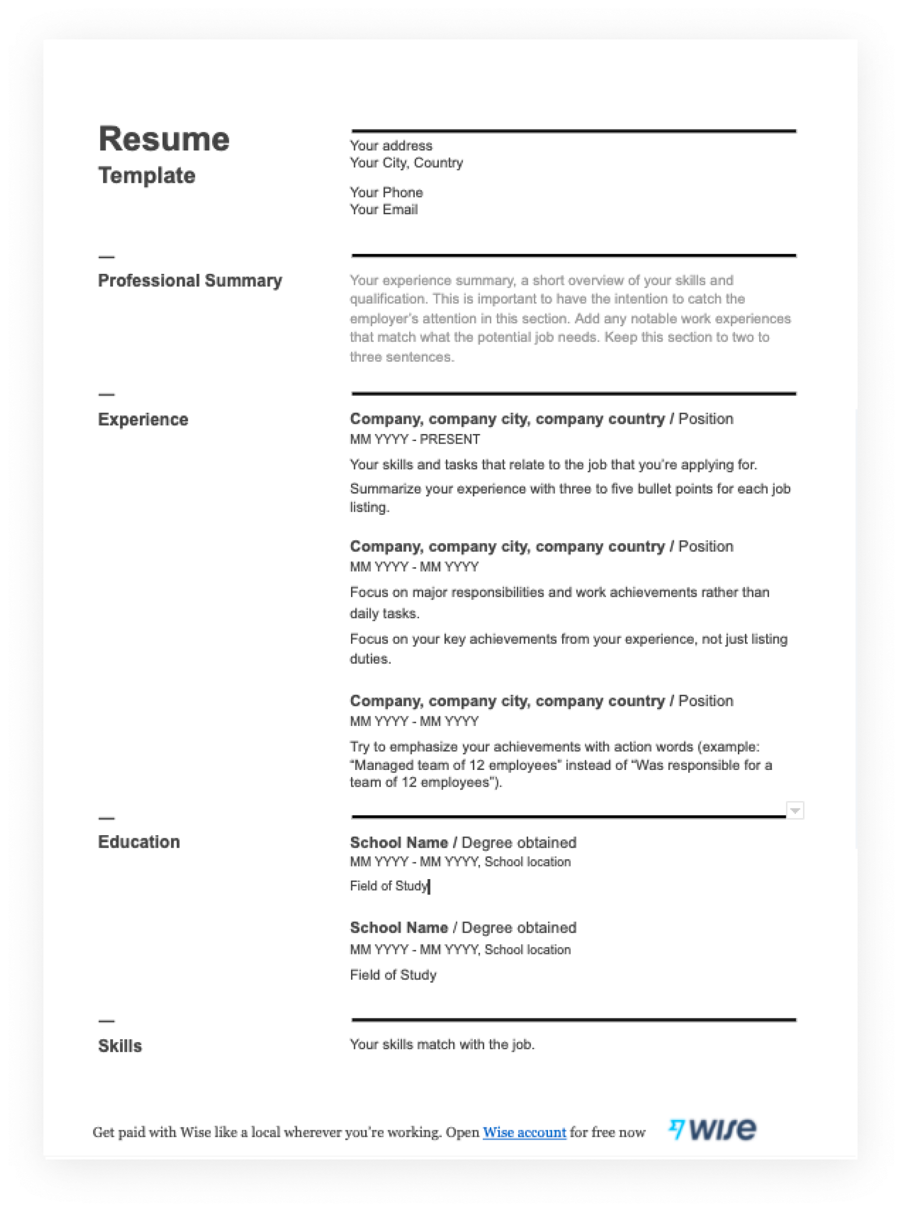 Resume Templates In PDF Free For Downloadu003c u003e Wise