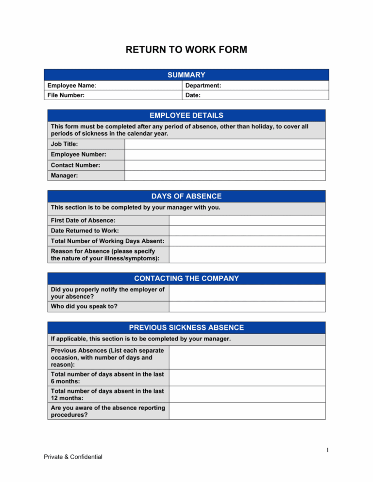 Return To Work Form Template Free Download Word U0026 PDF