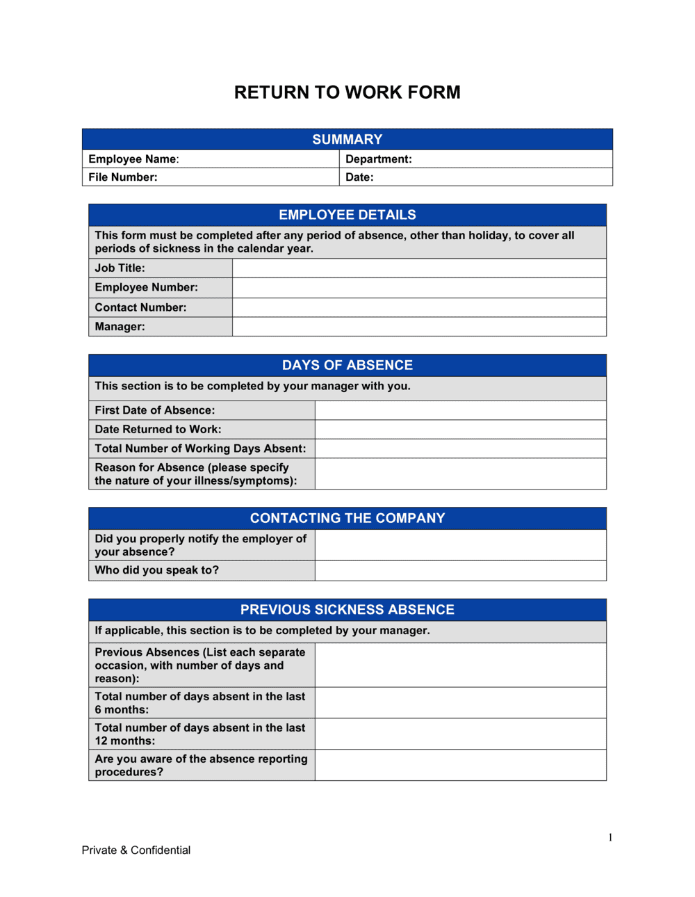 Return To Work Form Template Free Download Word U0026 PDF