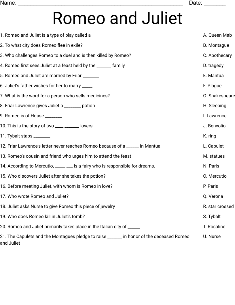 Romeo And Juliet Worksheet WordMint
