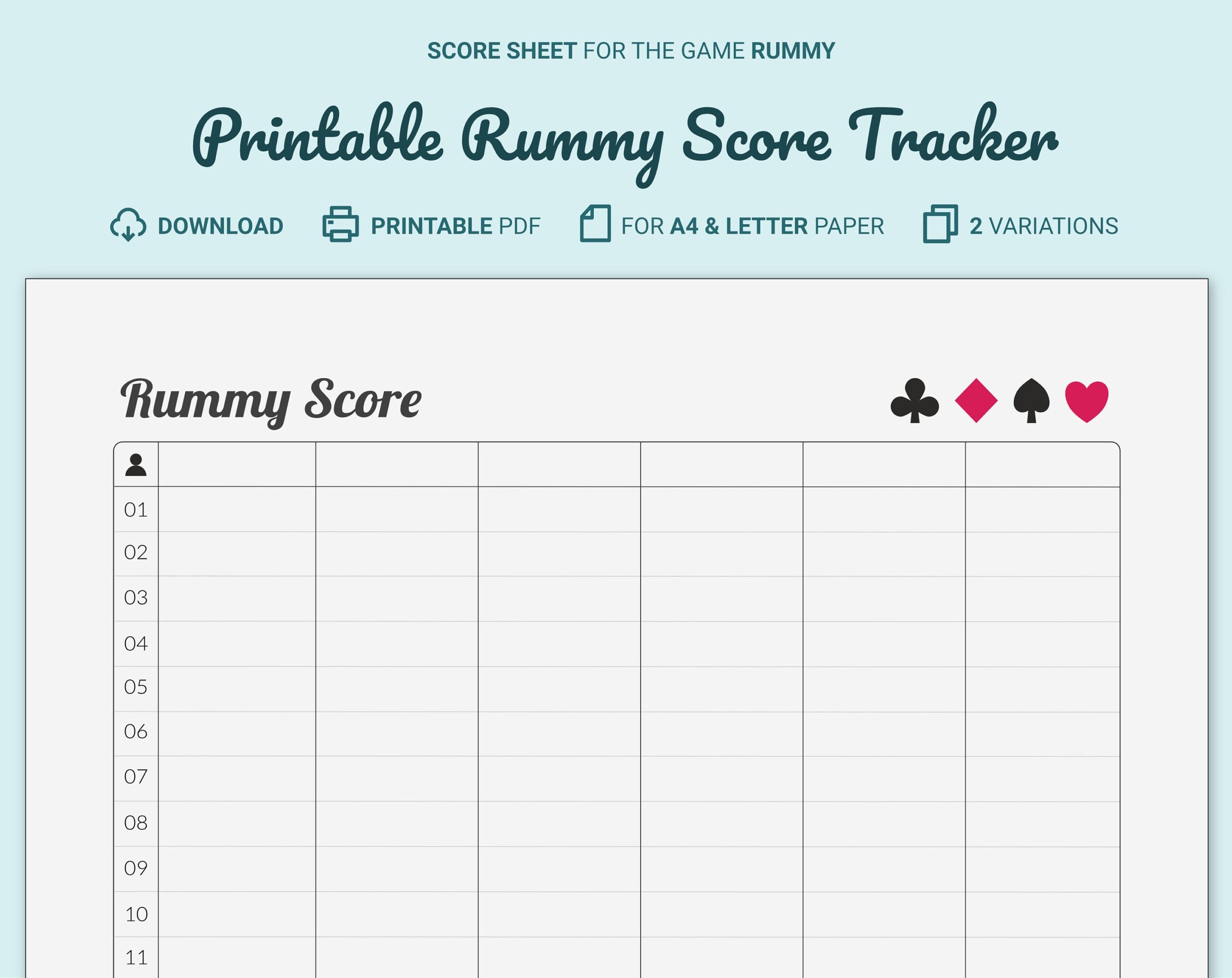 Rummy Score Card Tracker Printable Etsy