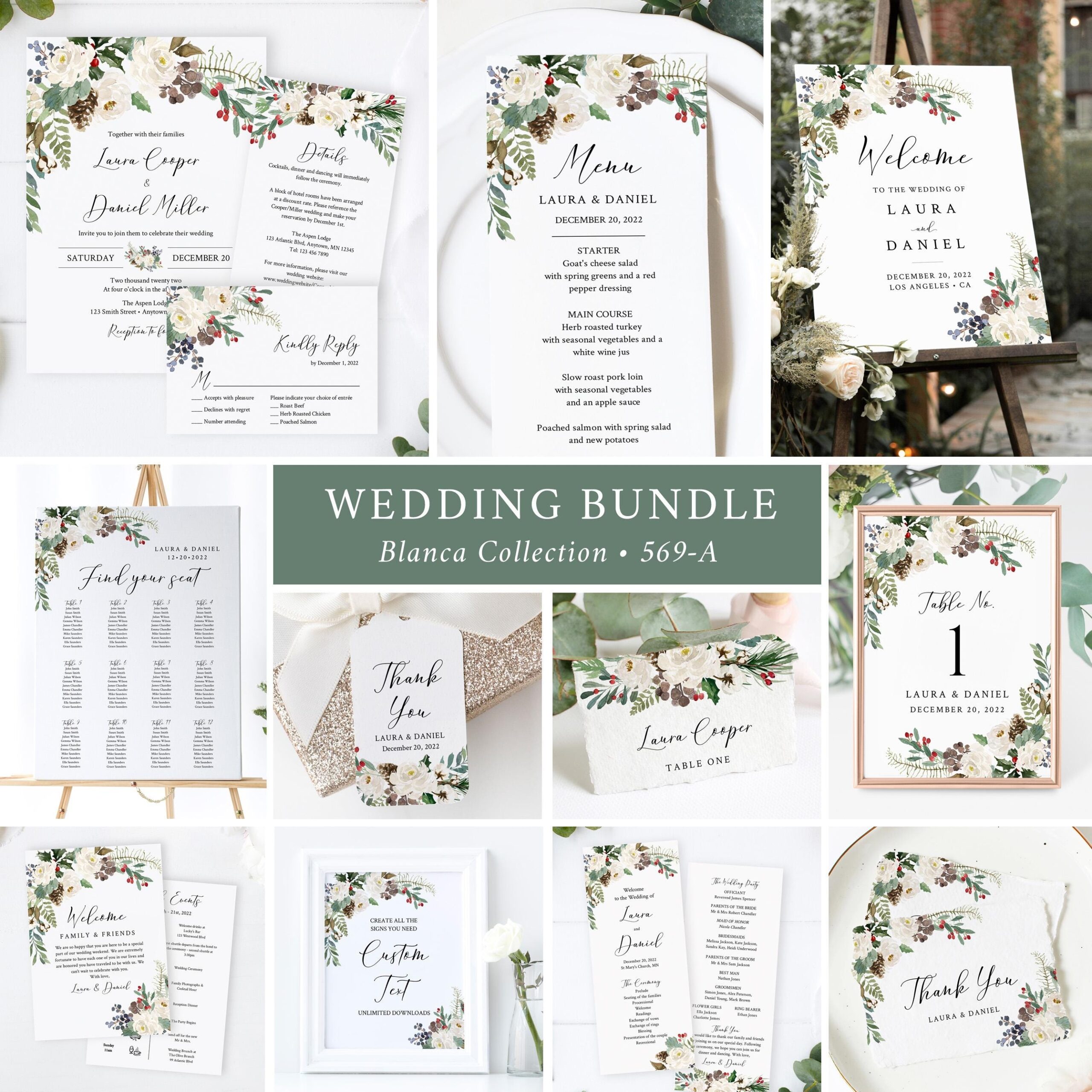 Rustic Wedding Set Printable Winter Wedding Invitation Pack 