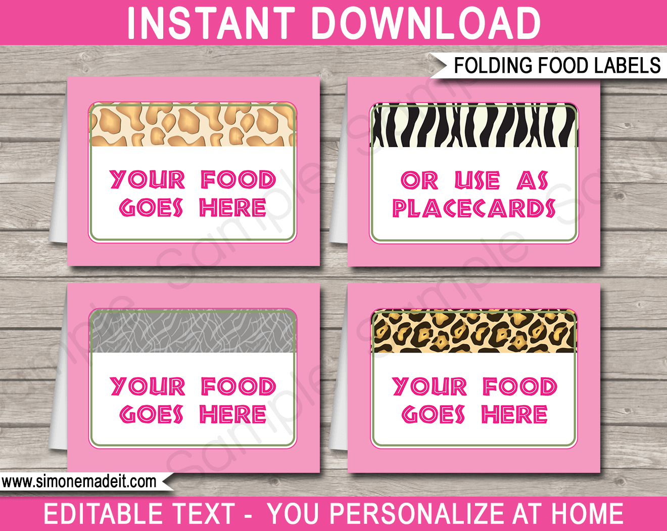 Safari Party Food Labels Template Pink
