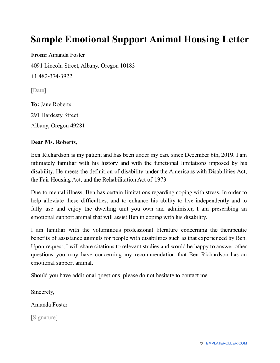 Sample Emotional Support Animal Housing Letter Download Printable 