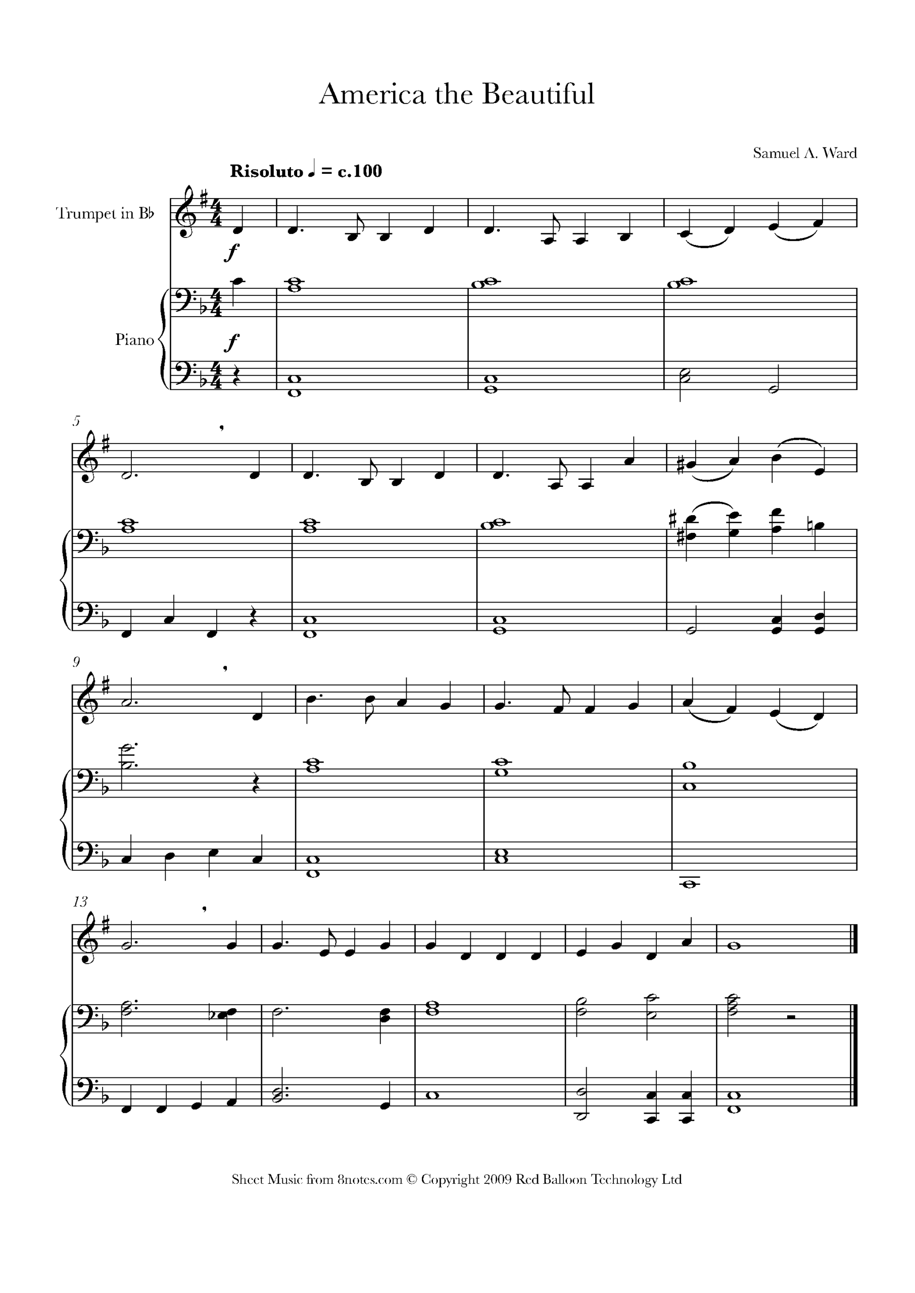 Samuel A Ward America The Beautiful For Trumpet Free Sheet 