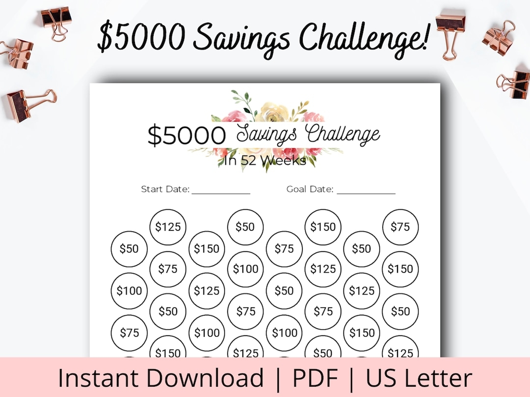 Save 5000 In A Year 52 Week Savings Challenge 5000 Savings Challenge Savings Challenge Printable Money Challenge Sheet PDF Etsy