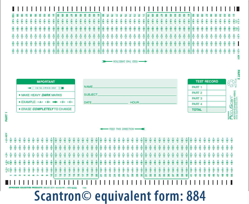 Scantron Compatible Answer Sheet And Forms Catalog Apperson s Scantron 200 Q Compatible Form 884 25120 