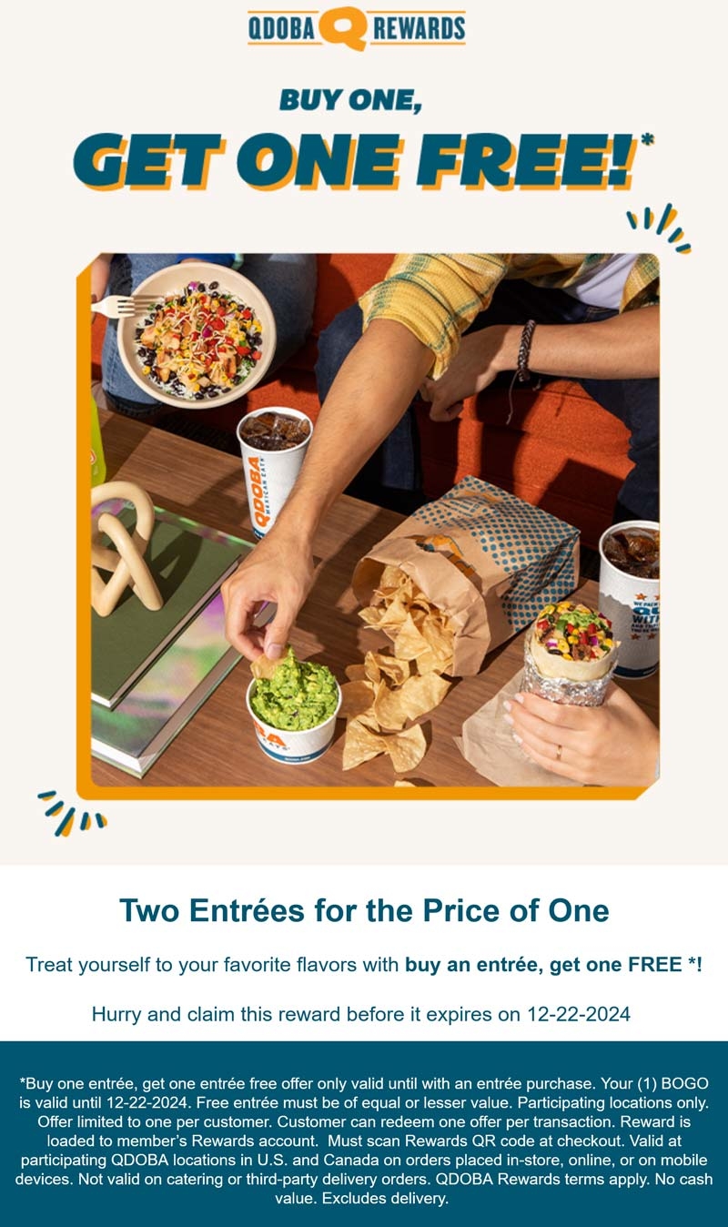Second Entree Free Via Login At Qdoba Qdoba August 2025 Coupons 