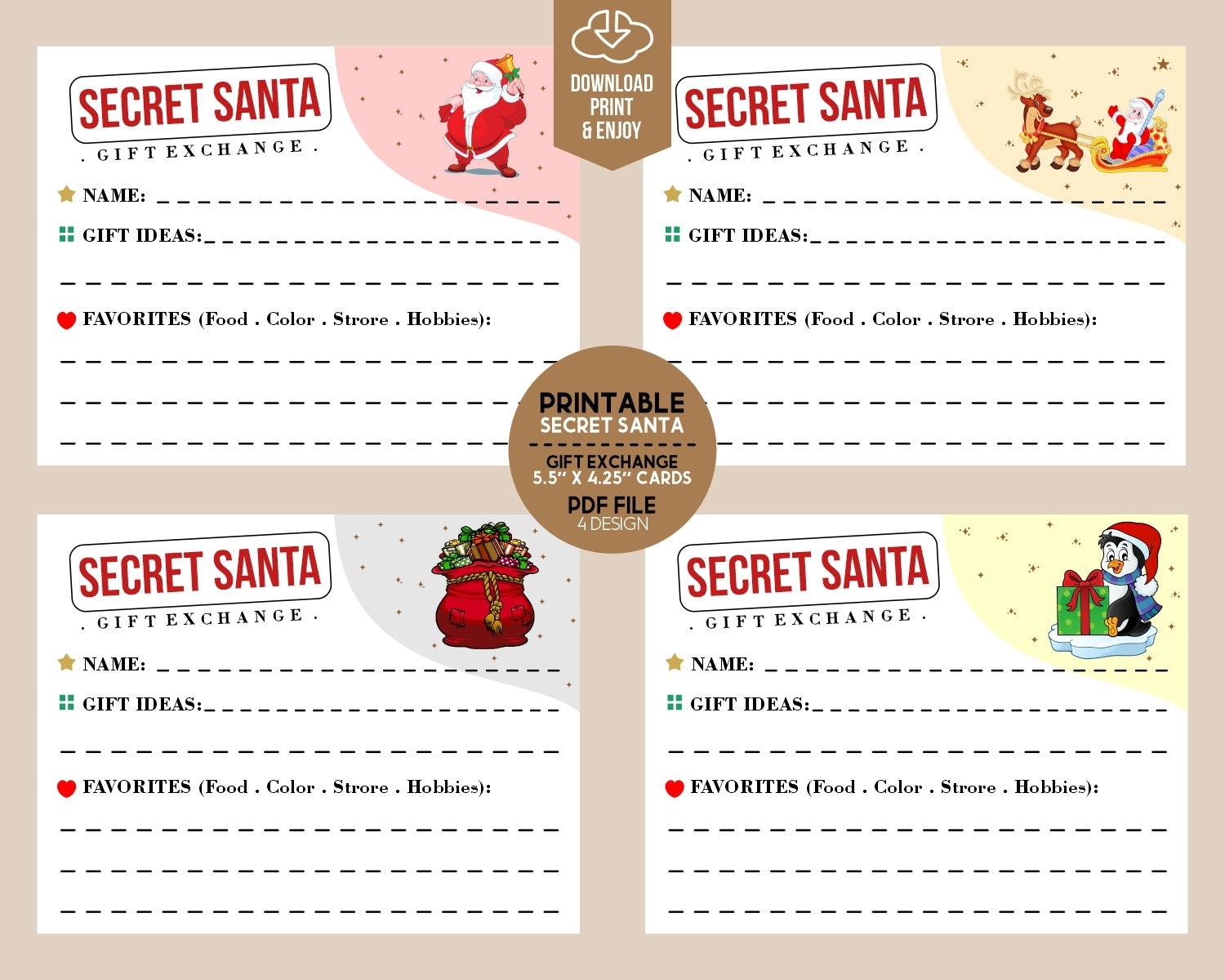 SECRET SANTA Gift Exchange Cards PRINTABLE Christmas Gift List For Coworkers Fun Secret Santa Party Questionnaire Gift Form Templates Etsy