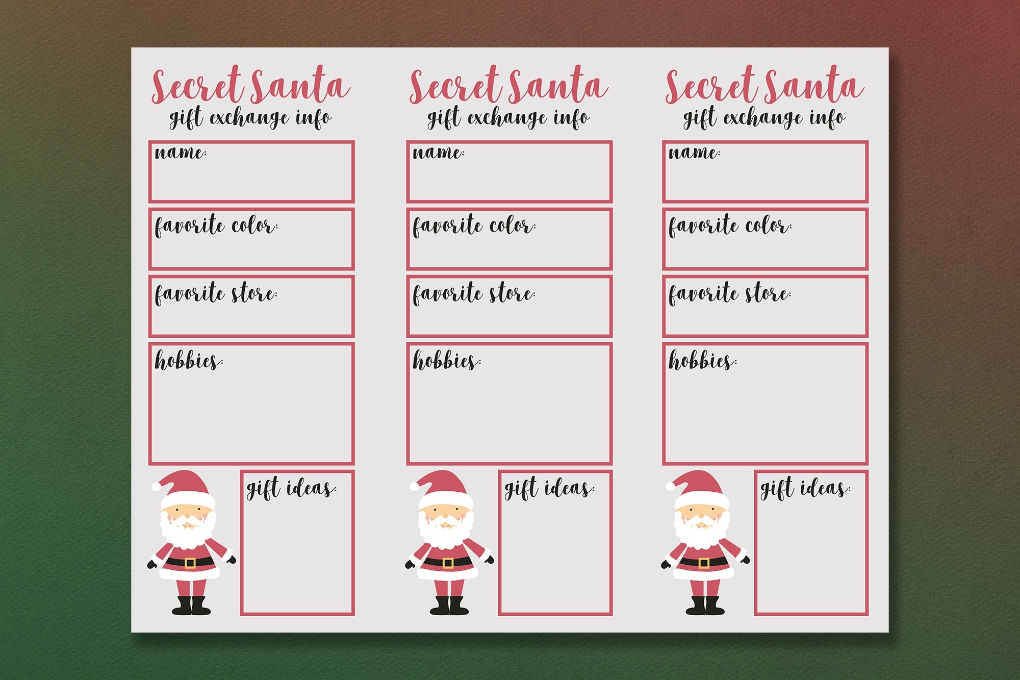 Secret Santa Gift Exchange Info Cards Secret Santa Gift Exchange Gift Exchange Printable Cards Secret Santa Cards Holiday Exchange Etsy