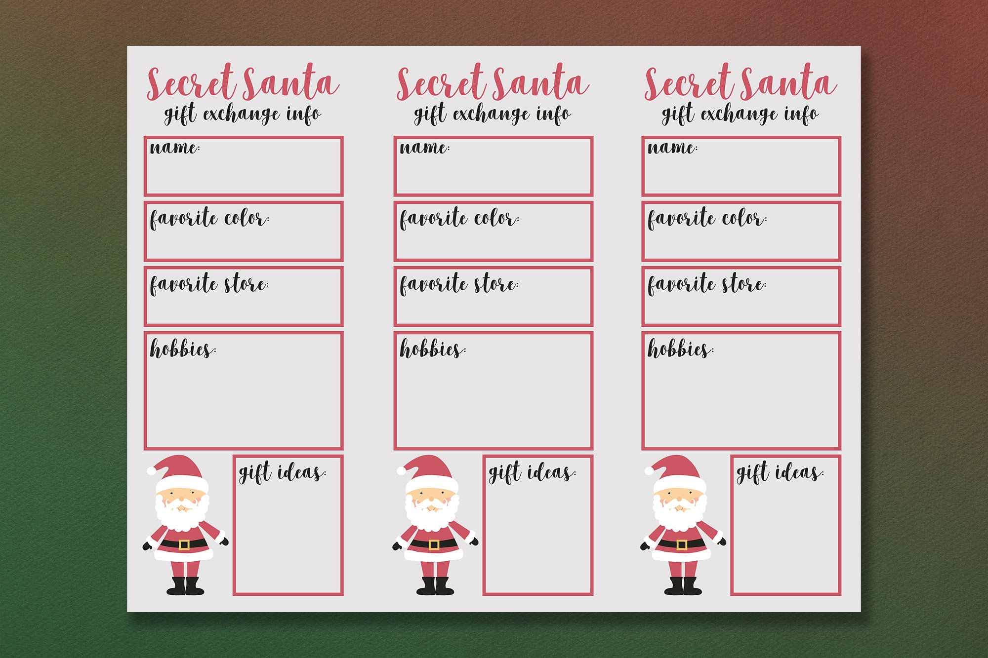 Secret Santa Gift Exchange Info Cards Secret Santa Gift Exchange 
