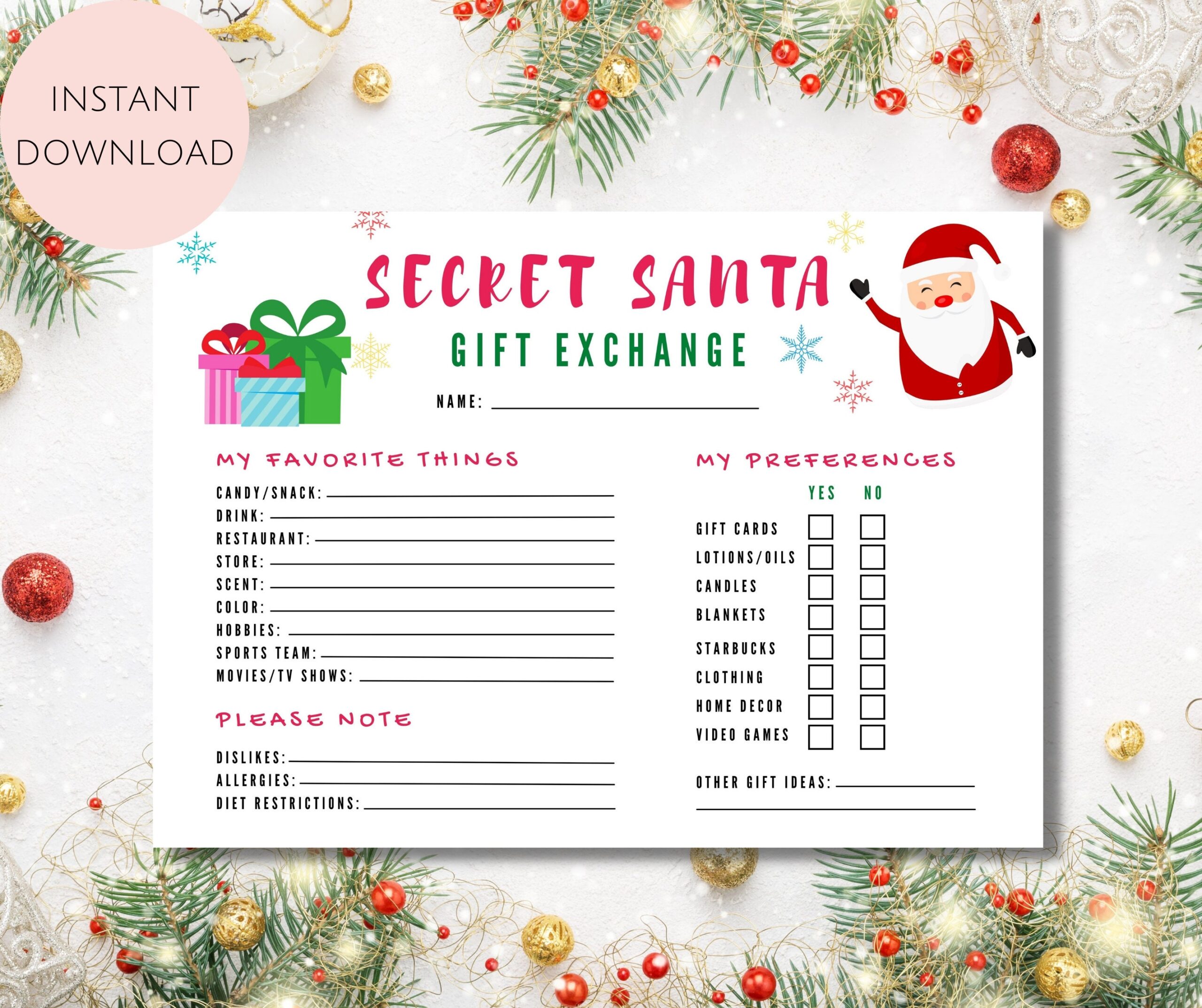 secret santa printable template