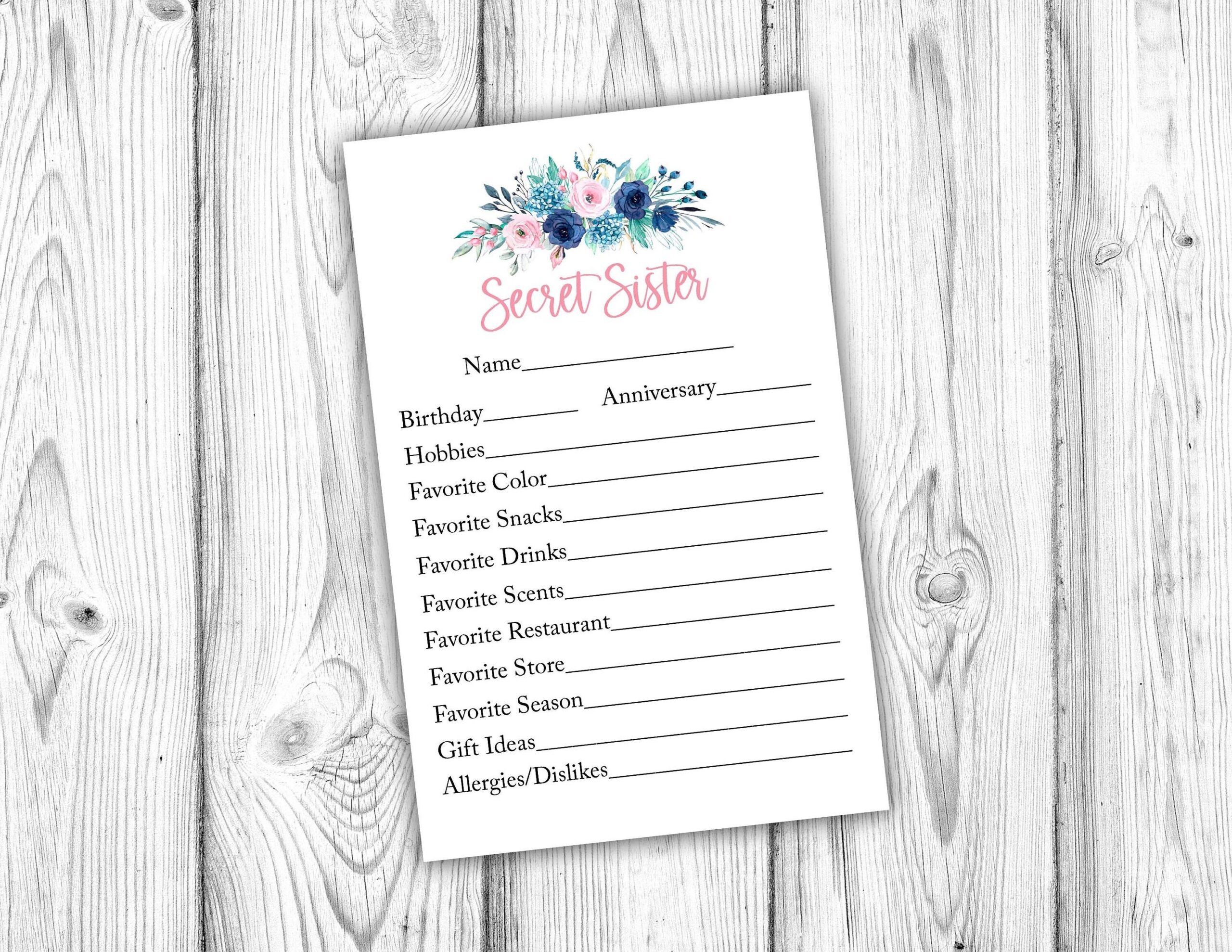 Secret Sister Questionnaire Secret Pal Printable Secret Sister Printable Coworker Gift Exchange All About Me Instant Download Printable Etsy