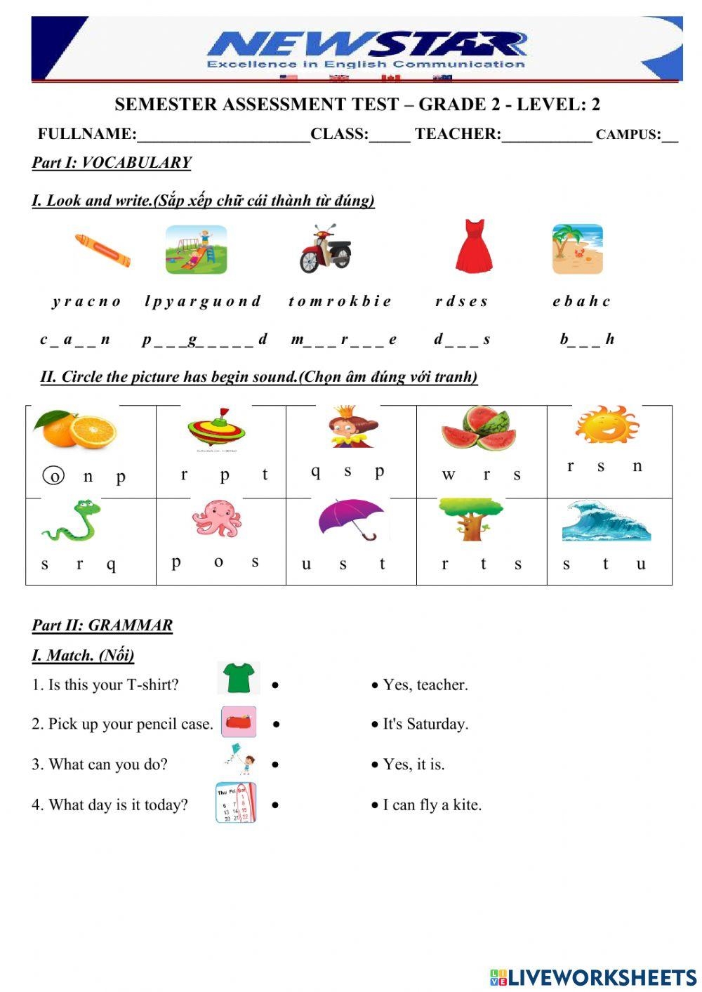 Semester Assessment Test Grade 2 Level 2 Worksheet Live 