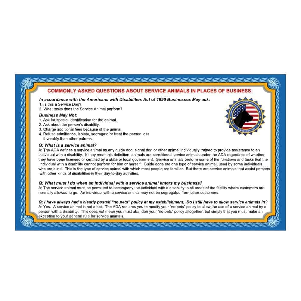 Service Dog Info Cards 50 ADA