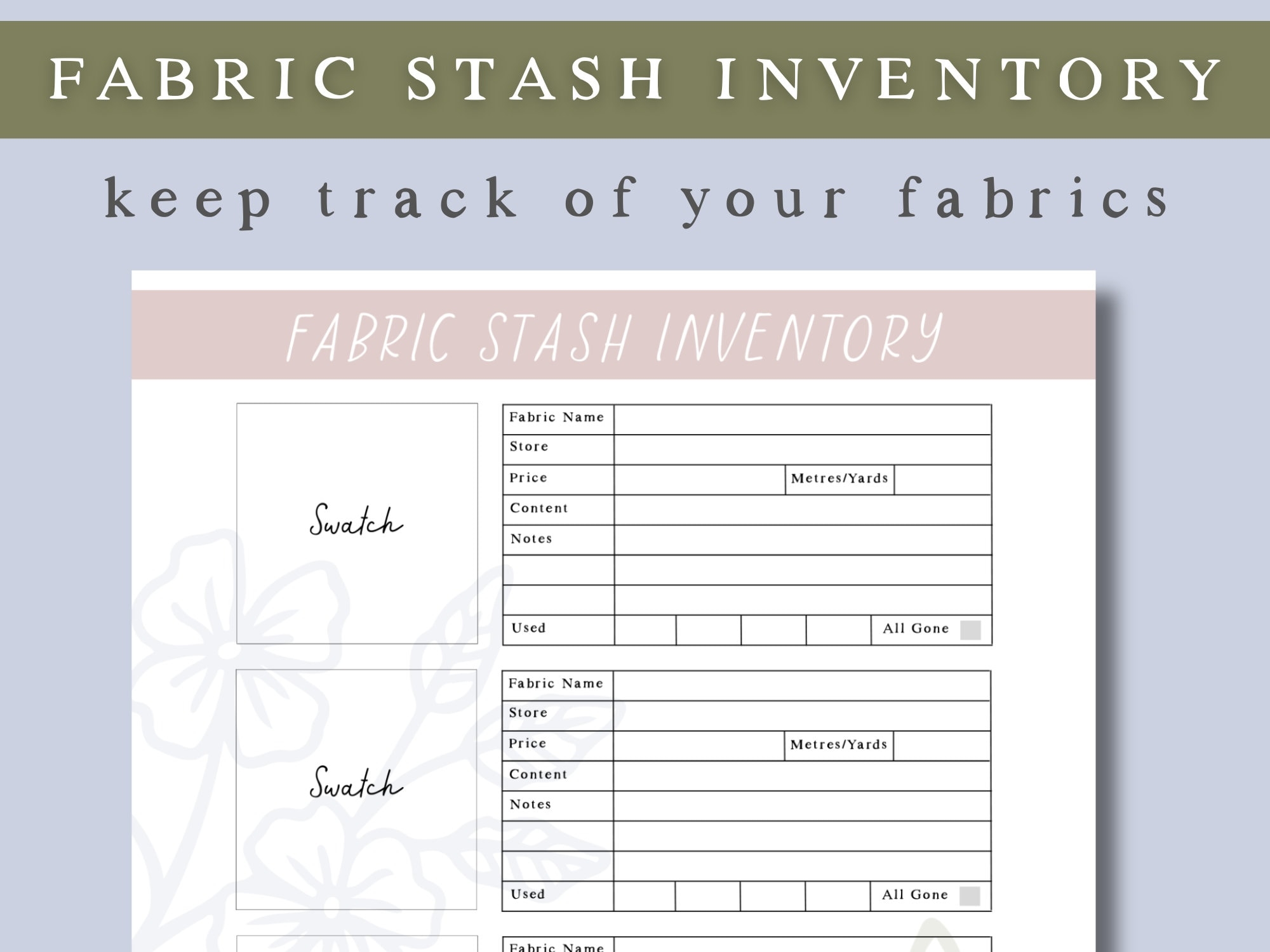 Sewing Fabric Stash Inventory PDF Printable Sheet A4 U0026 Letter 