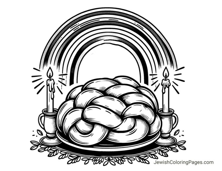 Shabbat Challah With Candles And Rainbow Free Printable Coloring Page Jewish Coloring Pages