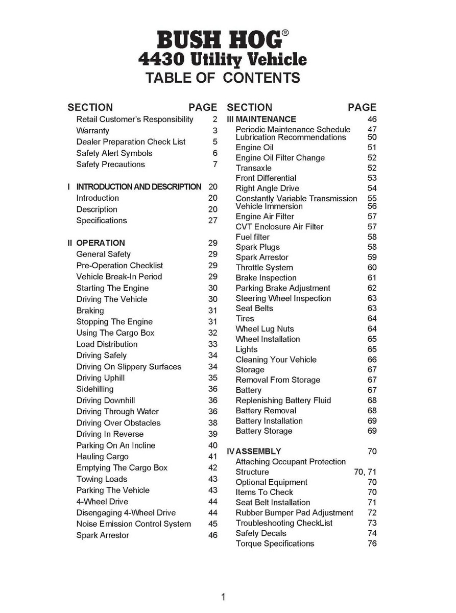 Side By Side Operators Maintenance Manual Fits Bush Hog 4430