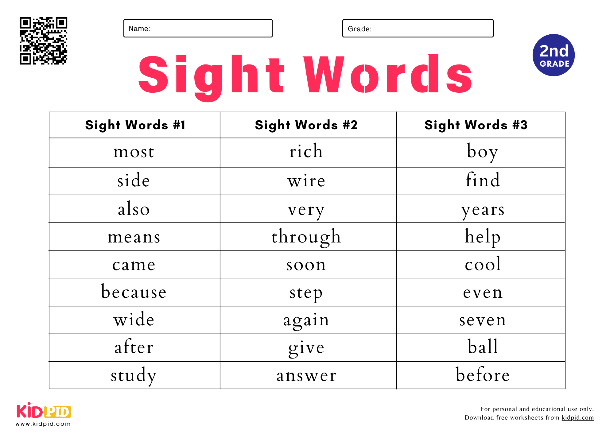 Sight Words Spelling List Worksheet For Grade 2 Kidpid