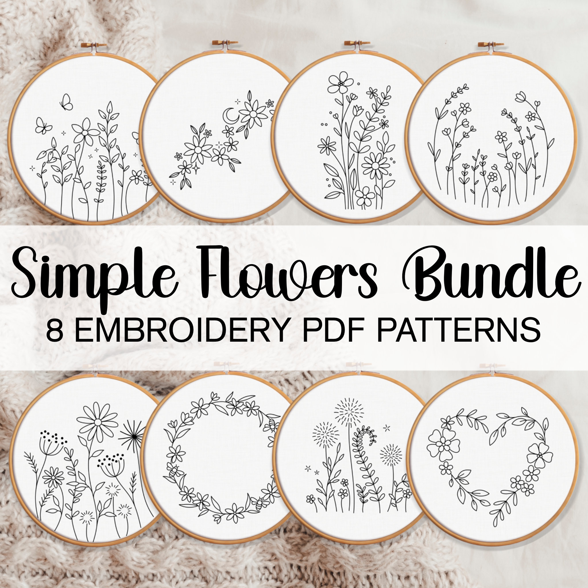 Simple Flowers Embroidery Pattern BUNDLE Easy Floral Hand Embroidery Templates Beginner Hand Embroidery Patterns Embroidery Modern Flowers Etsy