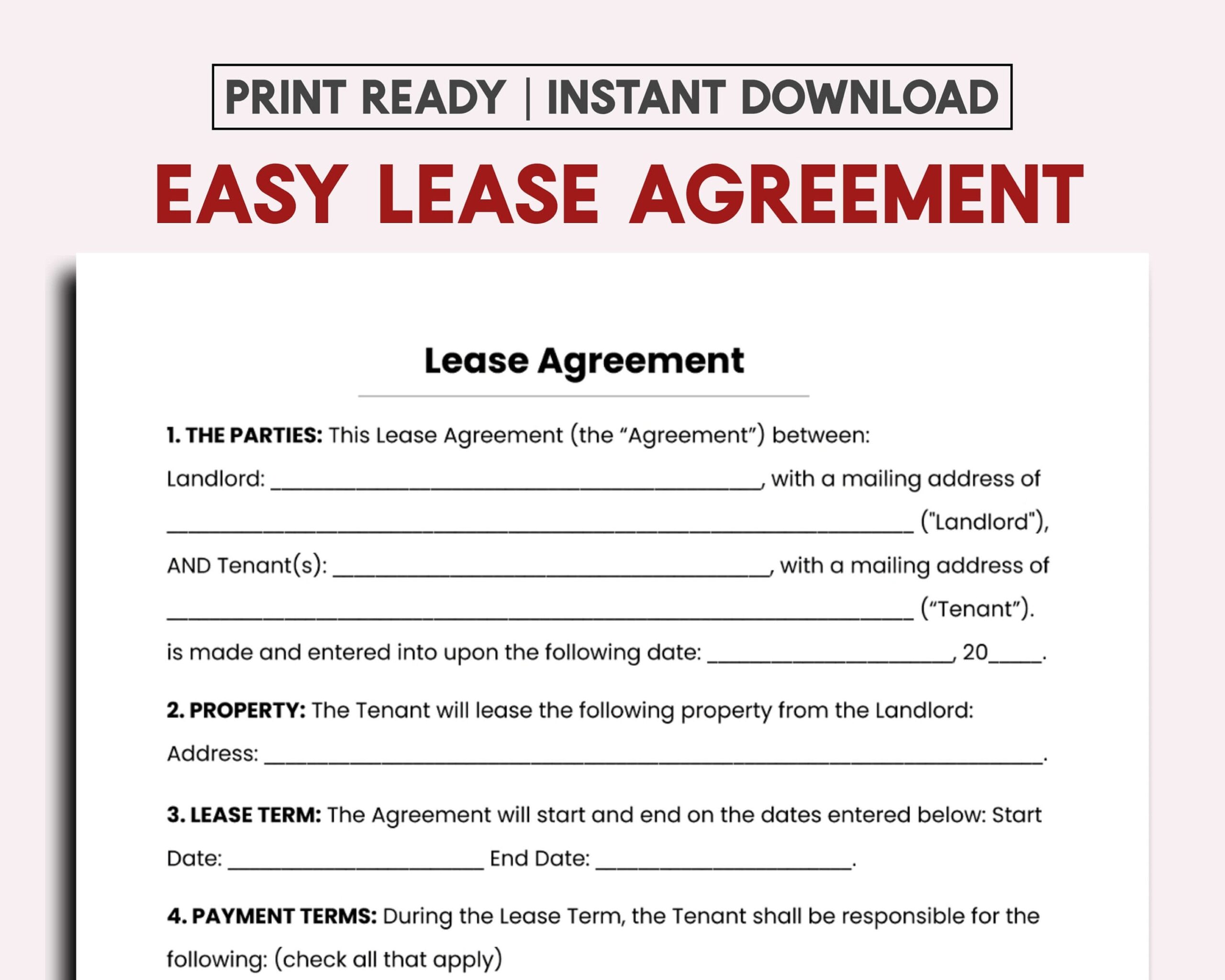 Simple One Page Lease Agreement Etsy