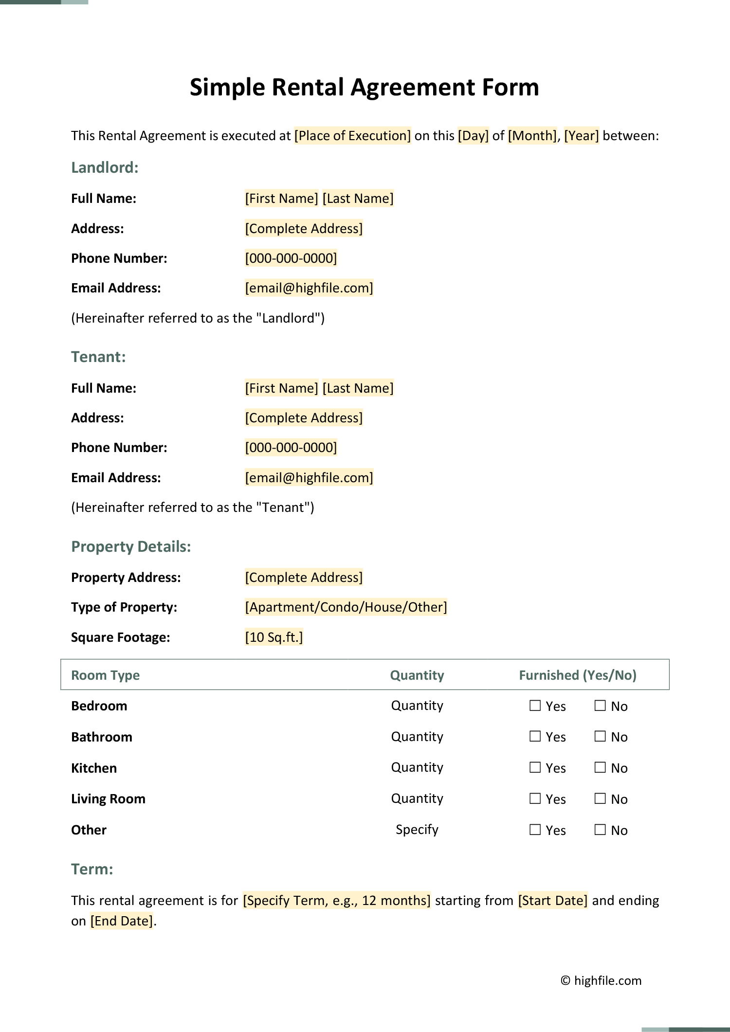 Simple Rental Agreement Form Word PDF Google Docs Highfile