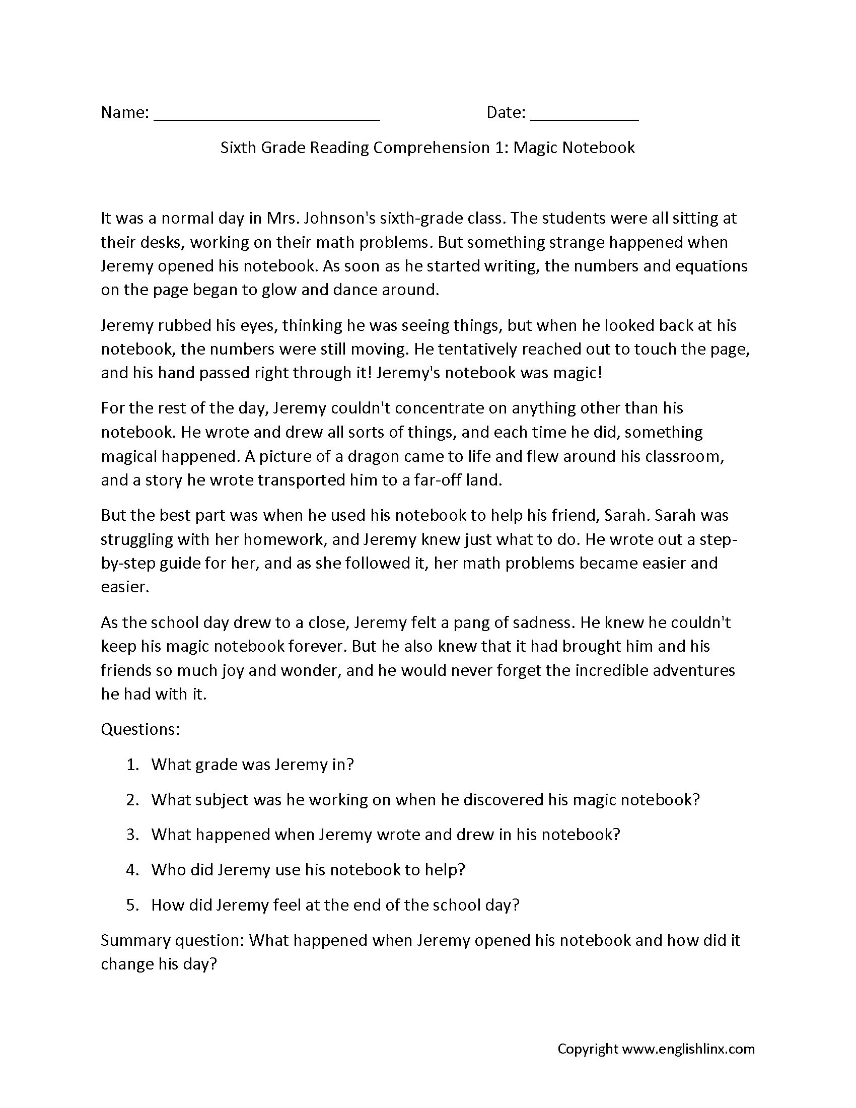 free printable reading comprehension worksheets grade 6
