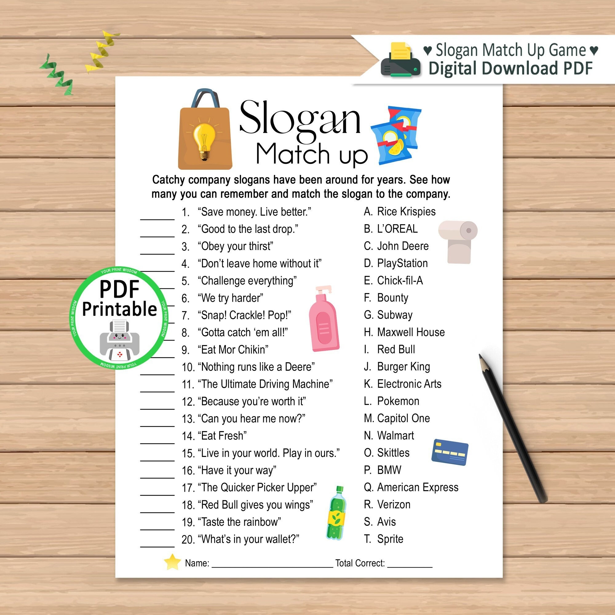 Slogan Match Up Quiz Printable Party Game Company Slogans Activity Worksheets Library