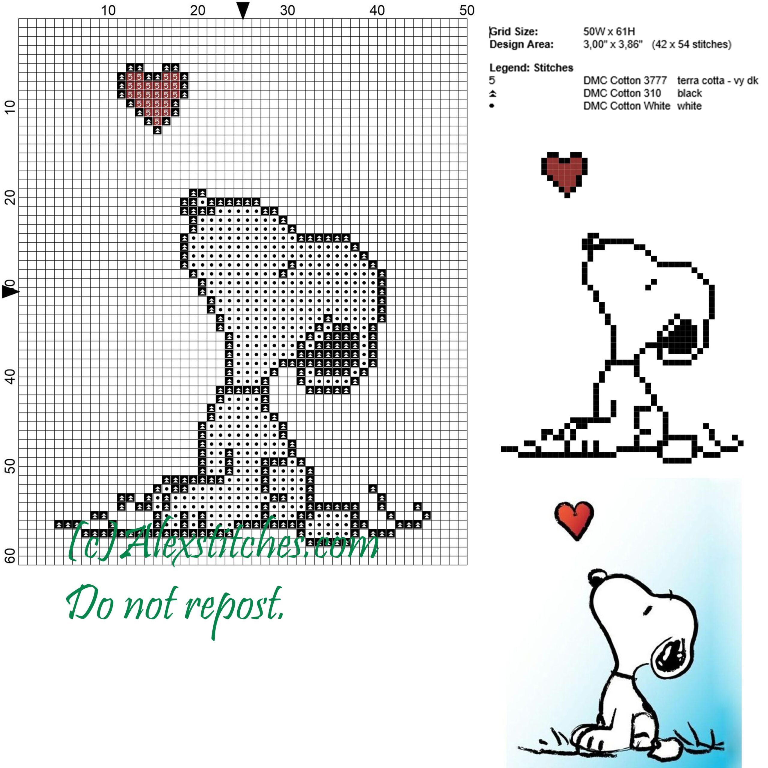 Snoopy And The Heart Cross Stitch Pattern 50x62 3 Colors Free  Snoopy And The Heart Cross Stitch Pattern 50x62 3 Colors Free